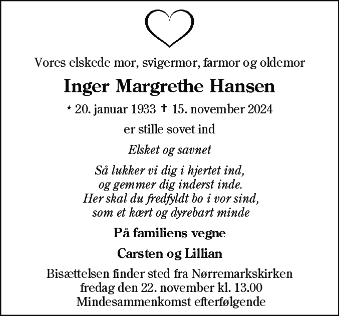 Dødsannonce for Inger Margrethe Hansen