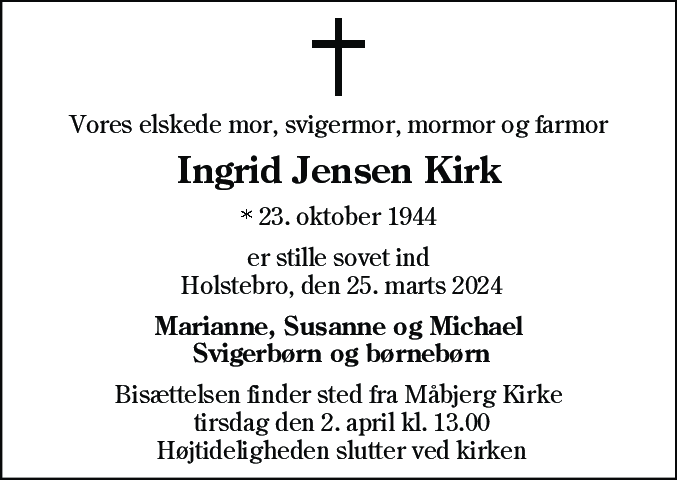 Dødsannonce for Ingrid Jensen Kirk