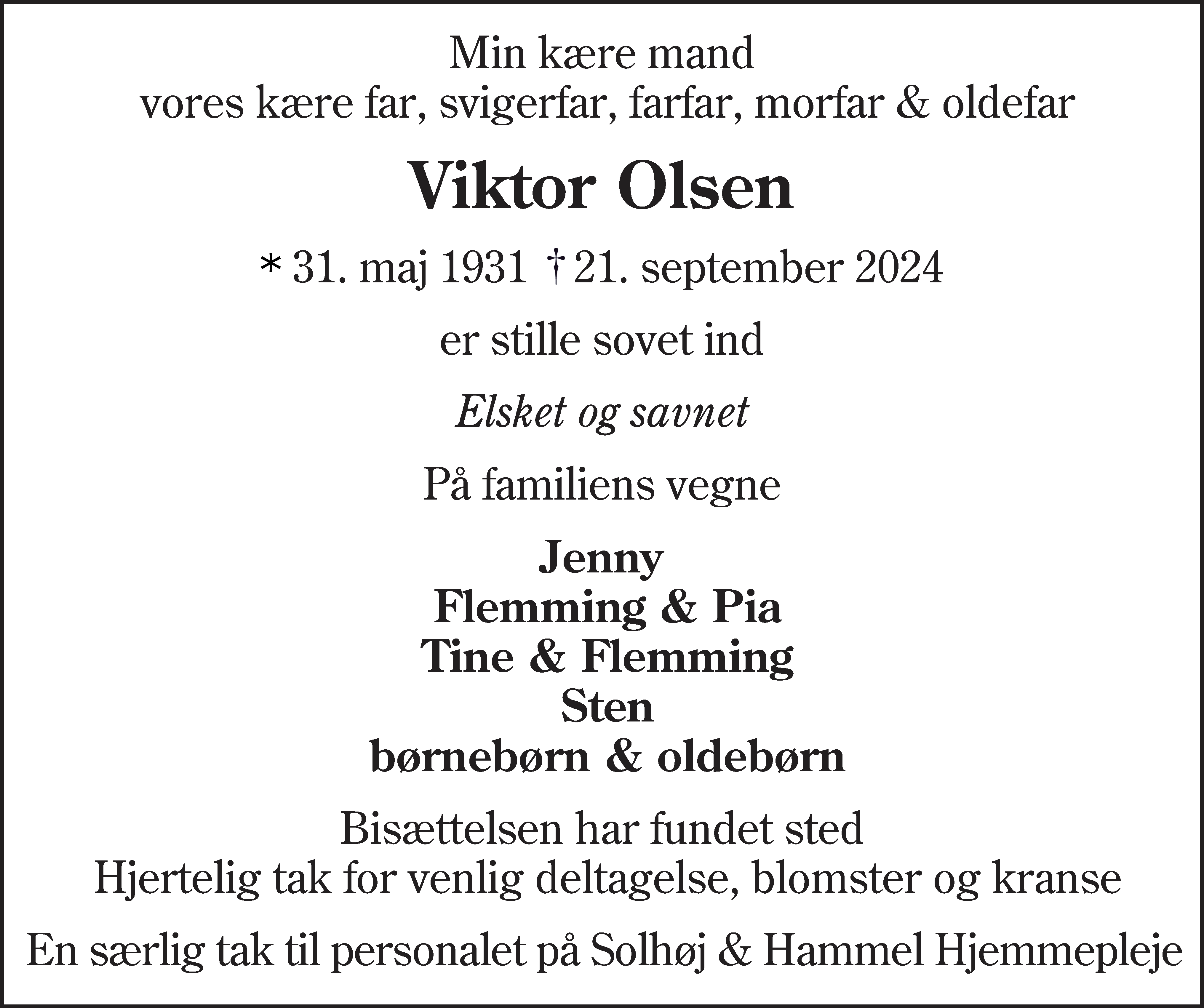 Dødsannonce for Viktor Olsen