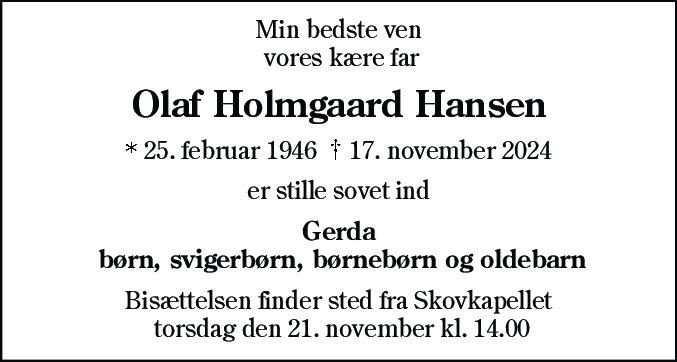 Dødsannonce for Olaf Holmgaard Hansen