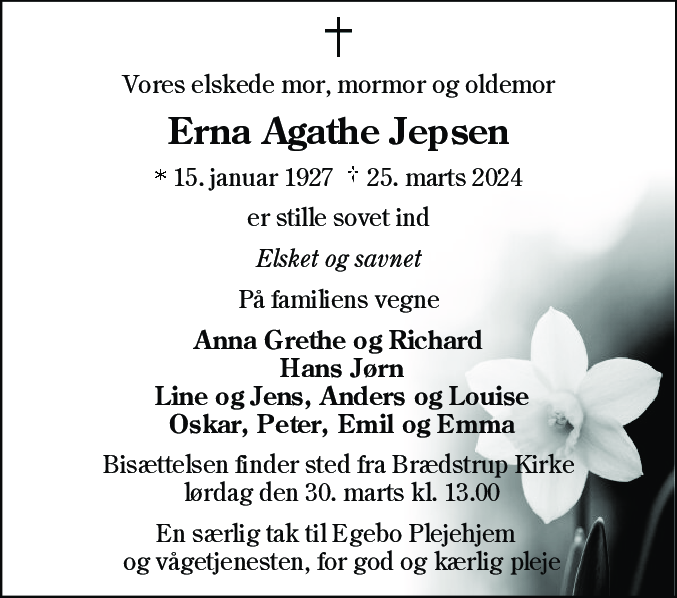 Dødsannonce for Erna Agathe Jepsen