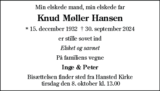 Dødsannonce for Knud Møller Hansen