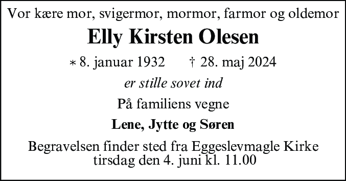 Dødsannonce for Elly Kirsten Olesen