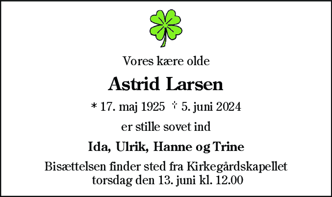 Dødsannonce for Astrid Boline Larsen