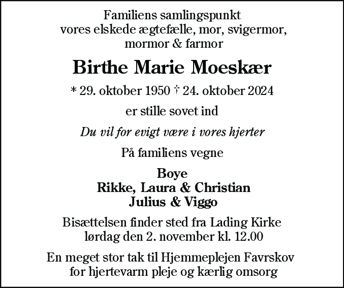 Dødsannonce for Birthe Marie Moeskær