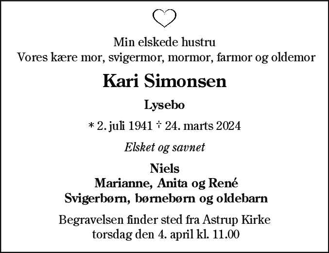 Dødsannonce for Kari Simonsen
