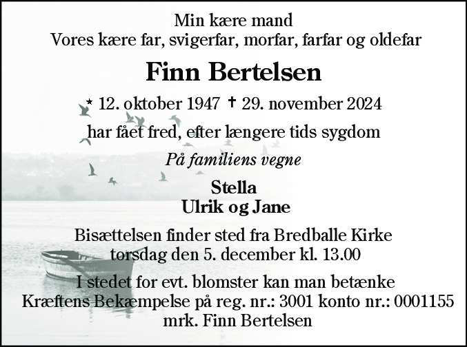 Dødsannonce for Finn Bertelsen