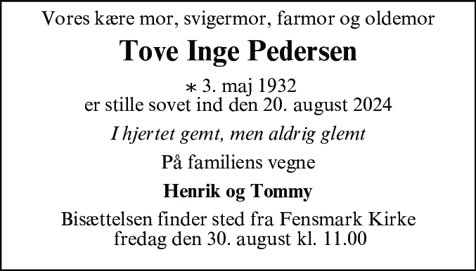 Dødsannonce for Tove Inge Pedersen