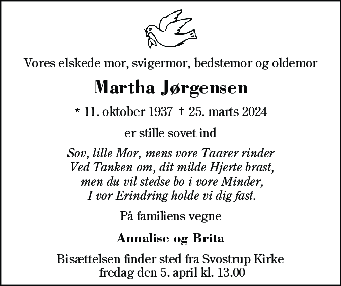 Dødsannonce for Martha Jørgensen