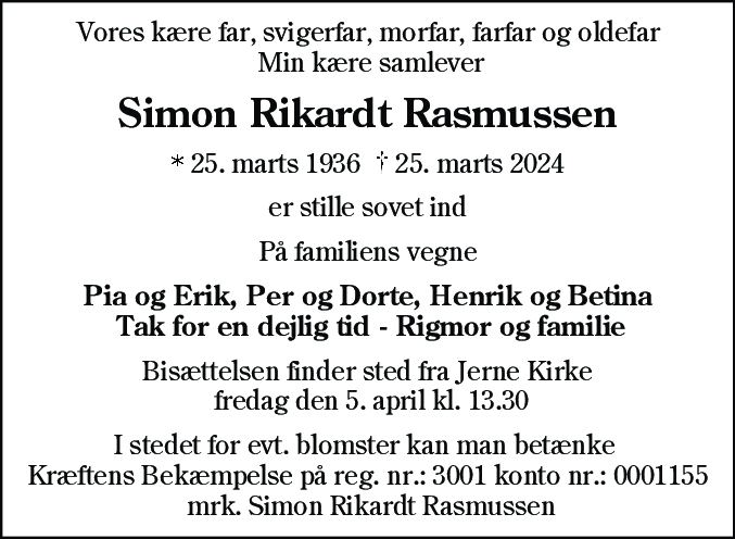 Dødsannonce for Simon Rikardt Rasmussen