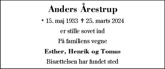 Dødsannonce for Anders Årestrup