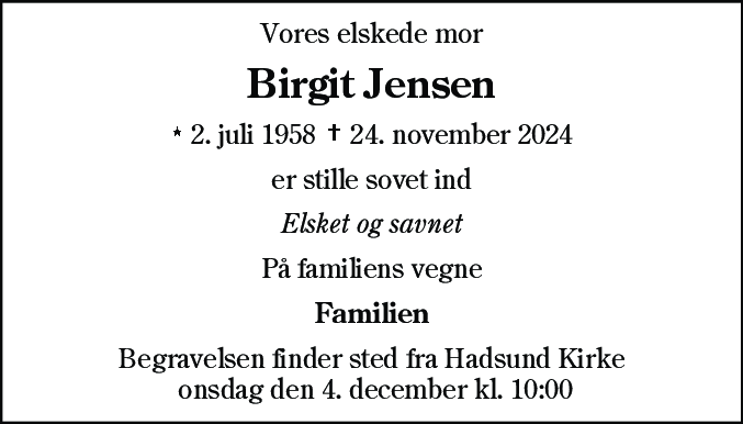 Dødsannonce for Birgit Jensen