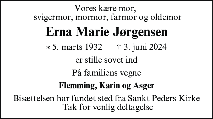 Dødsannonce for Erna Marie Jørgensen
