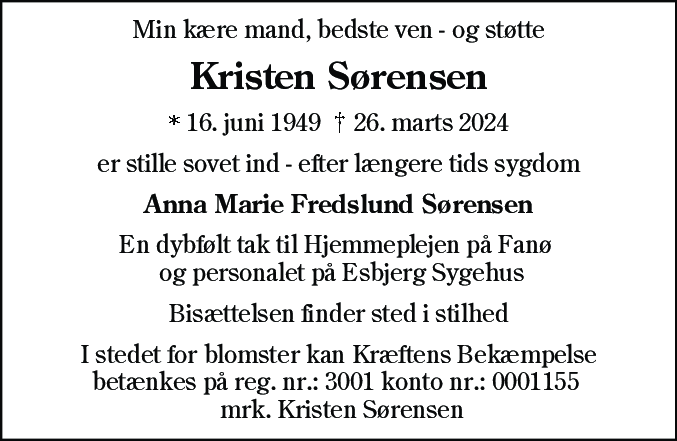 Dødsannonce for Kristen Sørensen