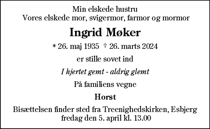 Dødsannonce for Ingrid Møker