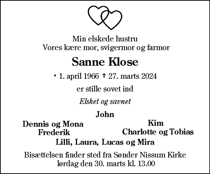 Dødsannonce for Susanne Klose