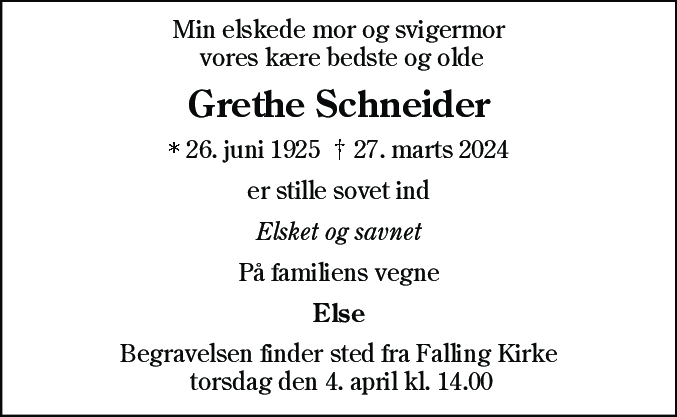 Dødsannonce for Grethe Schneider