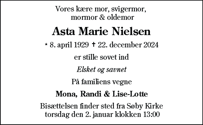 Dødsannonce for Asta Marie Nielsen