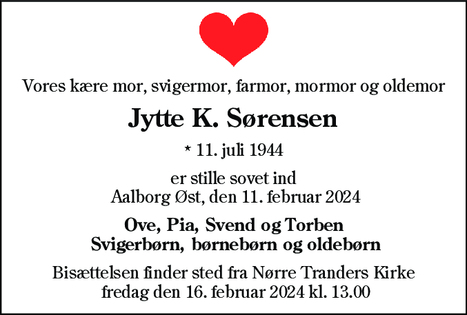 Dødsannonce for Jytte Katrine Sørensen