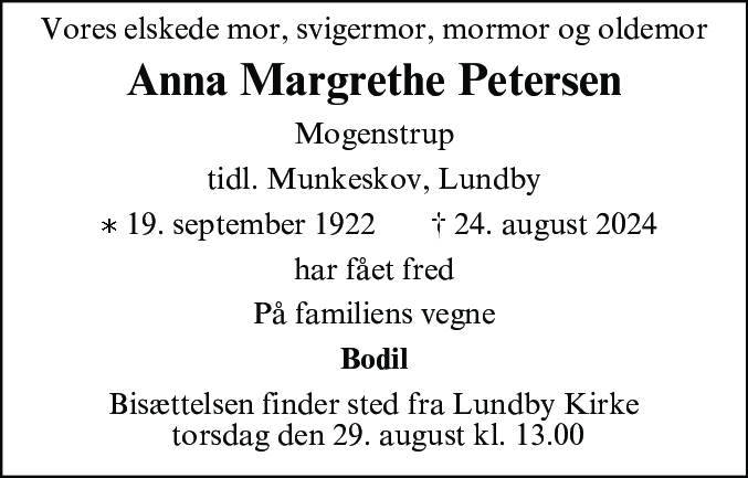 Dødsannonce for Anna Margrethe Petersen