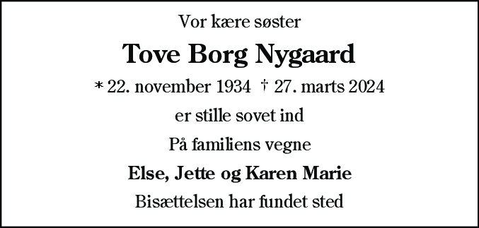 Dødsannonce for Tove Nygaard