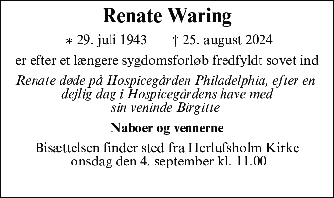 Dødsannonce for Renate Waring