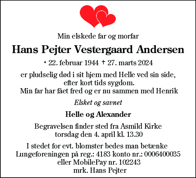 Dødsannonce for Hans Pejter Vestergaard Andersen