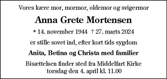 Dødsannonce for Anna Grete Mortensen