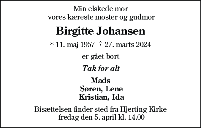 Dødsannonce for Birgitte Johansen