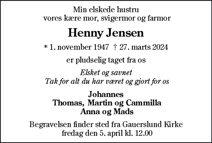 Dødsannonce for Henny Jensen