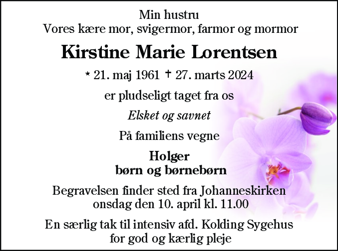 Dødsannonce for Kirstine Marie Lorentsen