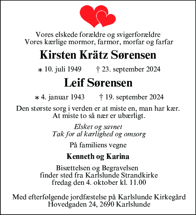 Dødsannonce for Kirsten Krätz Sørensen