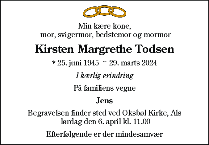 Dødsannonce for Kirsten Margrethe Todsen