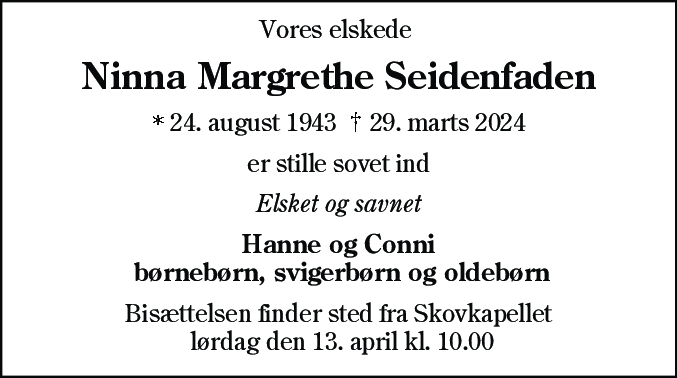 Dødsannonce for Ninna Margrethe Seidenfaden