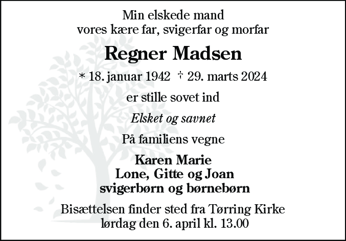 Dødsannonce for Regner Madsen