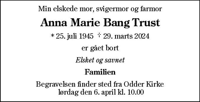 Dødsannonce for Anna Marie Bang Trust
