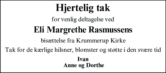 Dødsannonce for Eli Margrethe Rasmussen