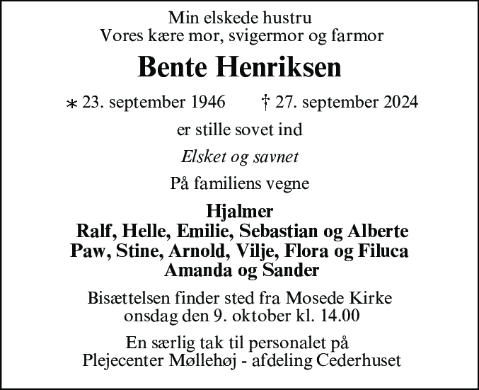 Dødsannonce for Bente Henriksen
