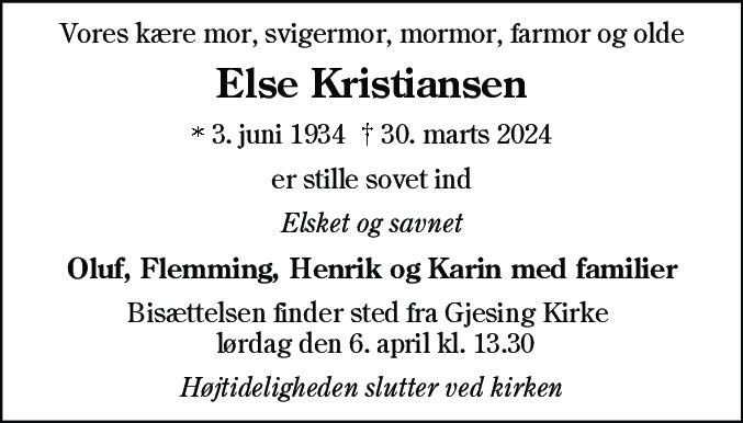 Dødsannonce for Else Kristiansen
