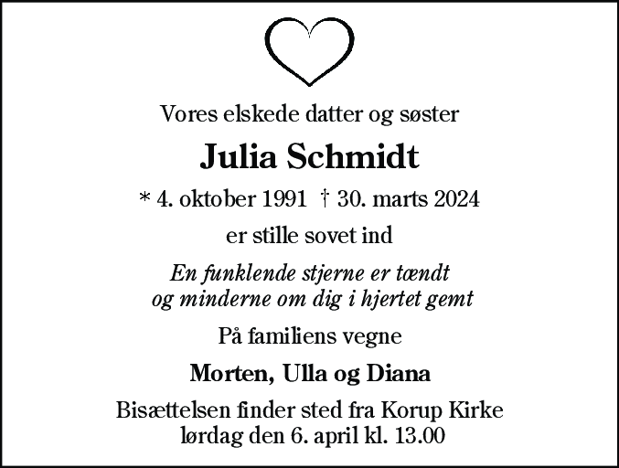 Dødsannonce for Julia Schmidt