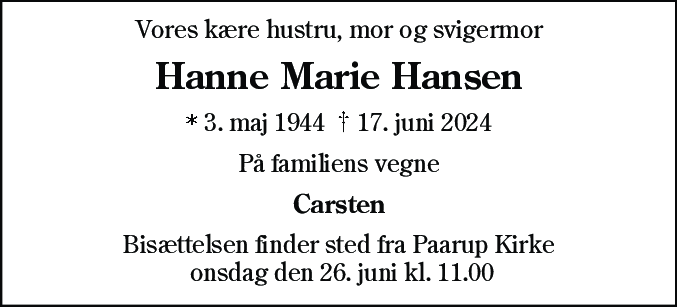 Dødsannonce for Hanne Marie Hansen