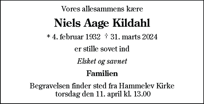 Dødsannonce for Niels Aage Kildahl