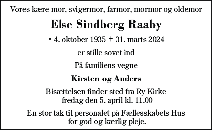 Dødsannonce for Else Sindberg Raaby