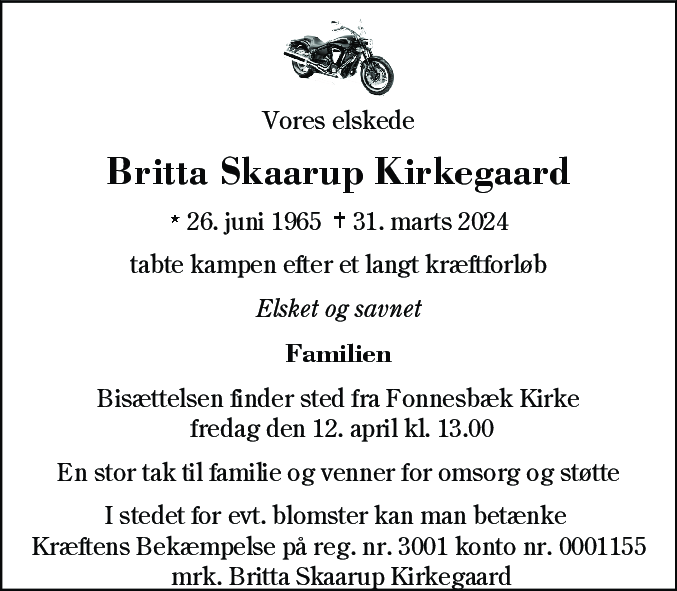 Dødsannonce for Britta Skaarup Kirkegaard