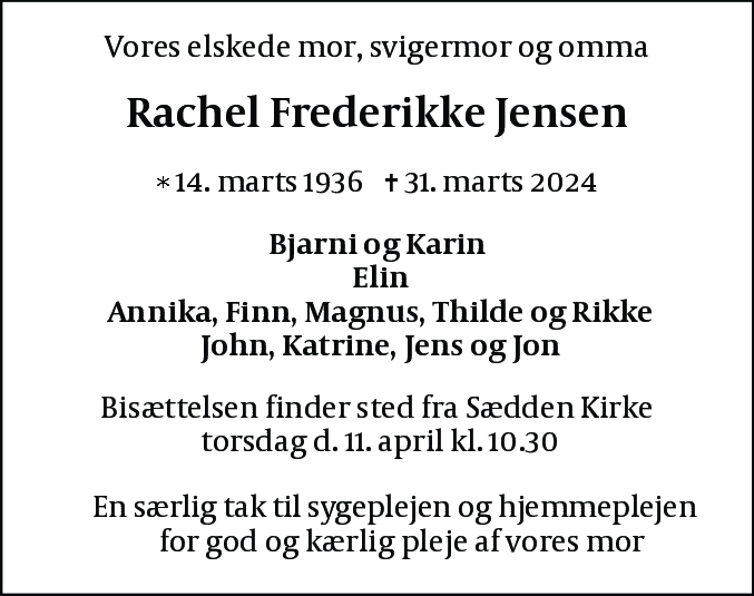 Dødsannonce for Rachel Frederikke Jensen
