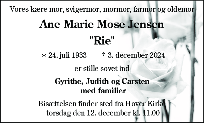 Dødsannonce for Ane Marie Mose Jensen