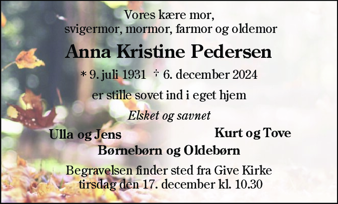 Dødsannonce for Anna Kristine Pedersen