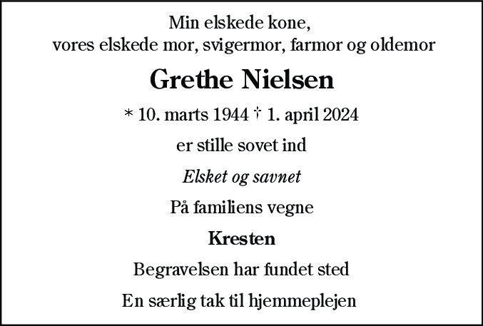 Dødsannonce for Grethe Nielsen