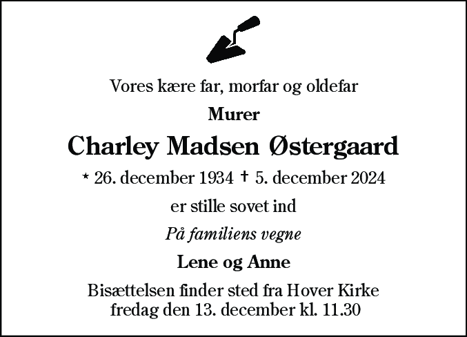 Dødsannonce for Charley Madsen Østergaard