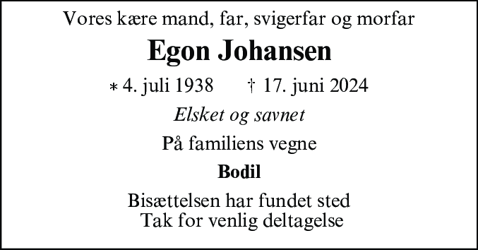 Dødsannonce for Egon Johansen